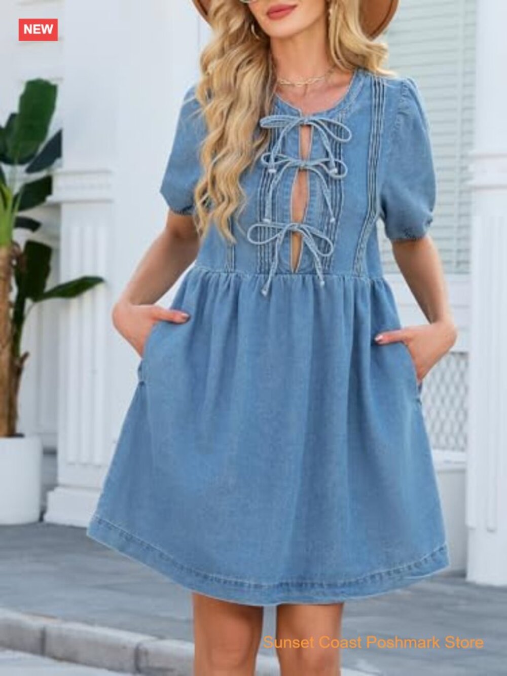Babydoll Denim Dress Puff Short Sleeve Jean Romper Bow Tie Neckline Mini - Picture 5 of 7